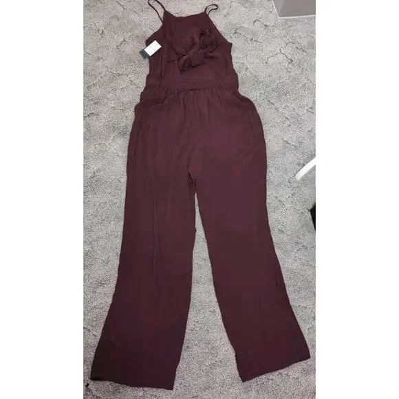 Abercrombie & Fitch Back Bow Tie Jumpsuit Burgundy Women's L Preppy Beach (973) - Picture 2 of 6